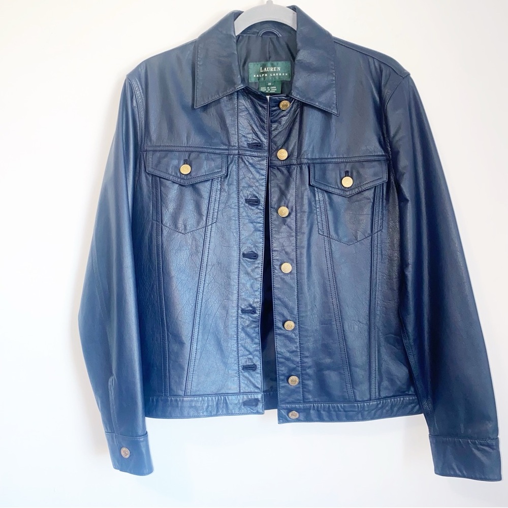 Genuine Leather Lauren Ralph Lauren Navy Blue Trucker Jacket S
